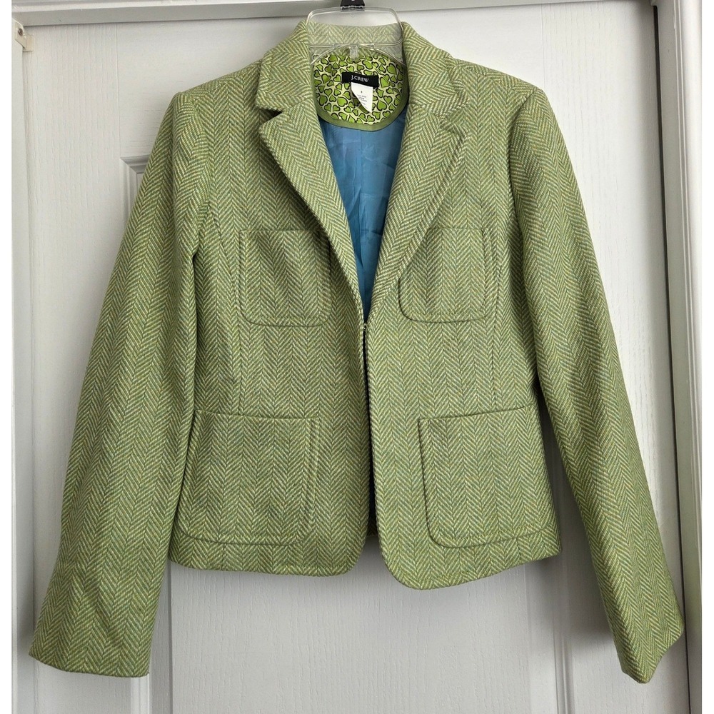 J.Crew VTG Y2K‎ Robert Noble 100% Scottish Wool Green Herringbone Blazer Sz 6